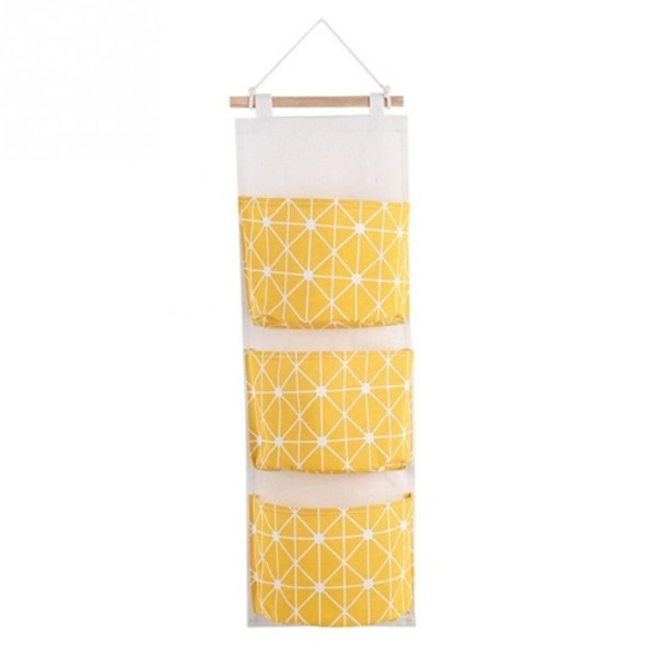 3-Pockets Cotton Linen Wall Hanging Door Pouch Bedroom Home Storage Pocket Hanging Bag(Yellow)