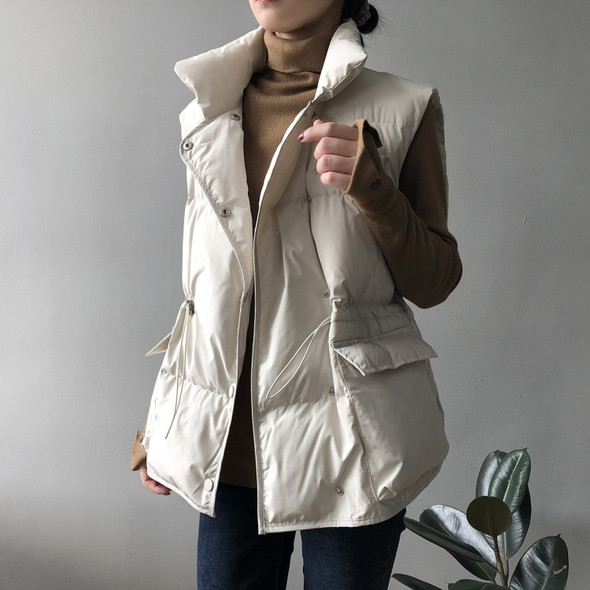 Fleece Cotton Vest Loose Stand-up Collar Waist Padded Vest Jacket (Color:Beige Size:M)