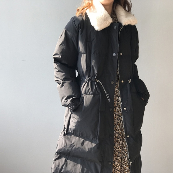 Rabbit Fur Collar Waist Long Over-knee Down Padded Jacket Warm Cotton Jacket (Color:Black Size:M)