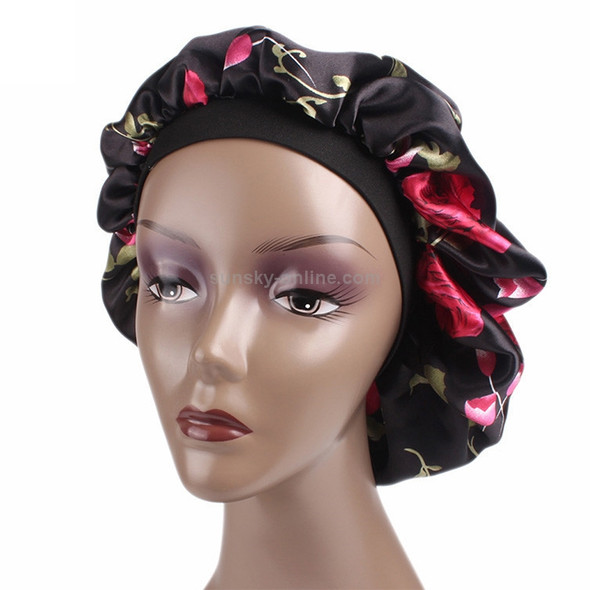 2 PCS Women Satin Night Sleep Cap Hair Bonnet Hat Silk Head Cover Wide Elastic Band(Black Lace)