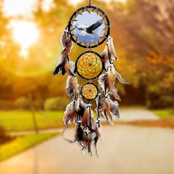 MS8040C Eagle Totem Oil Painting Dream Catcher Home Furnishing Wind Chime Ornament Three Ring Eagle Feather Car Ornament(Beige)