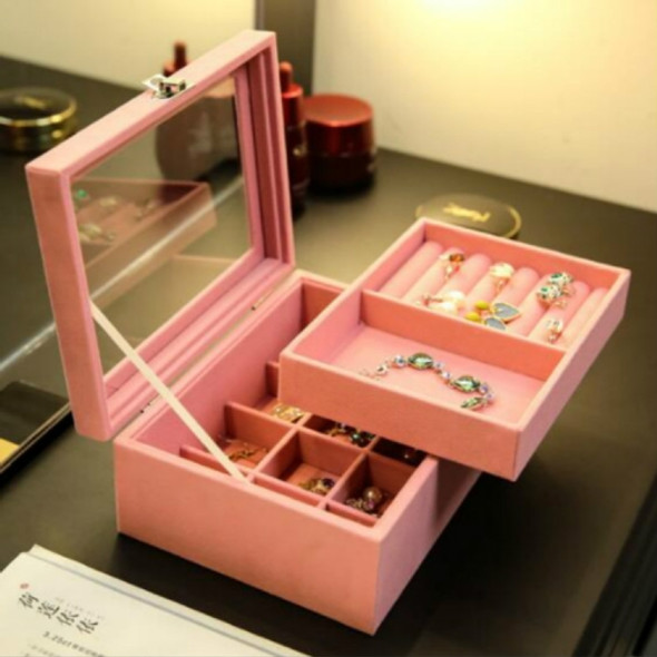 Flannel Jewelry Transparent Double Storage Box Earrings Finishing Bedroom Jewelry Box(Pink-S)