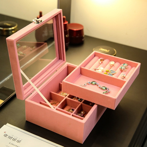 Flannel Jewelry Transparent Double Storage Box Earrings Finishing Bedroom Jewelry Box(Pink-S)