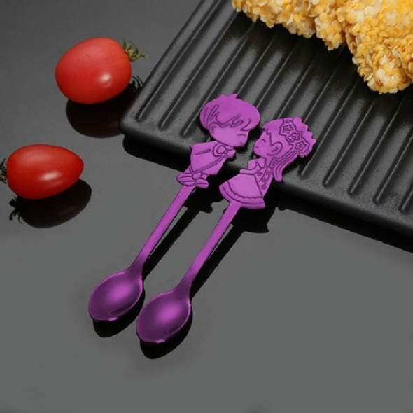 2 Sets Stainless Steel Tableware Creative Cartoon Couple Spoon Hanging Cup Spoon Coffee Stirring Spoon, Color:Purple