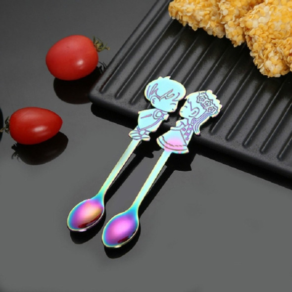 2 Sets Stainless Steel Tableware Creative Cartoon Couple Spoon Hanging Cup Spoon Coffee Stirring Spoon, Color:Colorful