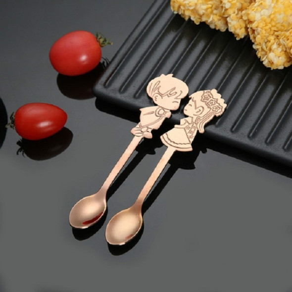 2 Sets Stainless Steel Tableware Creative Cartoon Couple Spoon Hanging Cup Spoon Coffee Stirring Spoon, Color:Rose Gold