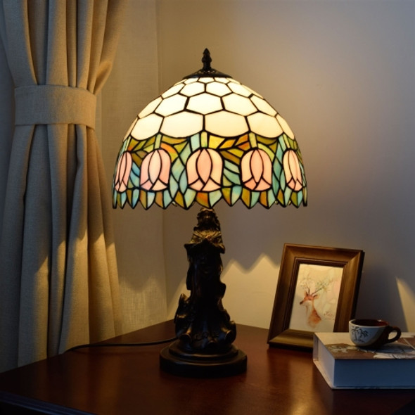 YWXLight Tulip Stained Glass Lighting Retro Table Lamp Living Room Dining Room Bedroom Bedside Counter Lamp (EU Plug)