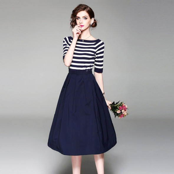 Off-shoulder Striped Knit T-shirt + Skirt Two-piece Suit (Color:Dark Blue Size:XXXL)