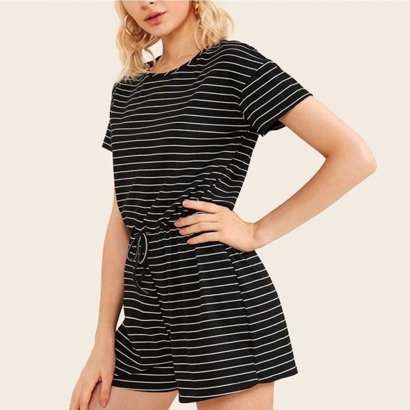 Round Neck Short Sleeve Striped Jumpsuit (Color:Black Size:M)