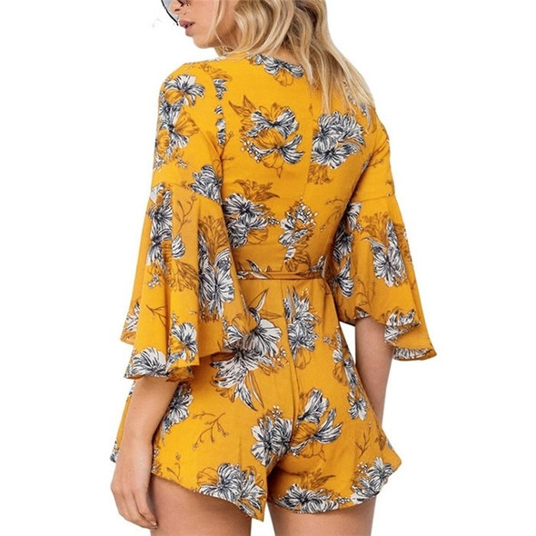 Deep V-neck Flared Sleeve Print Jumpsuit (Color:Yellow Size:XL)