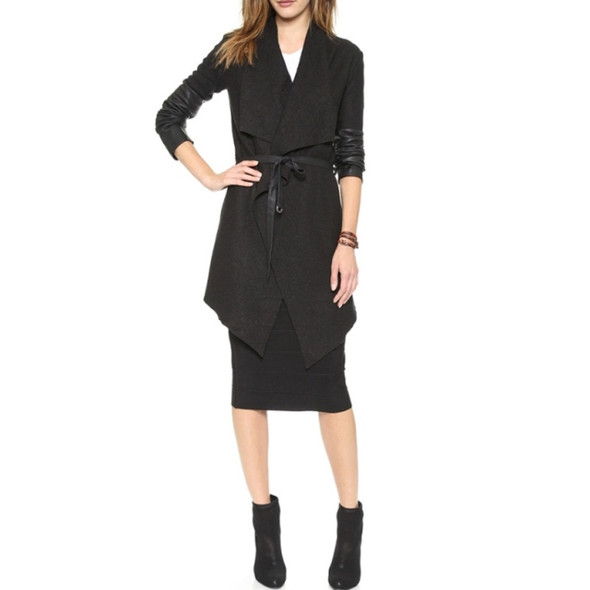 Splicing Sleeves Bandwidth Loose Collar Woolen Coat (Color:Black Size:S)