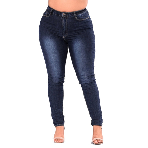 Plus Size Fashion High Stretch Denim Pants (Color:Dark Blue Size:XXXXL)