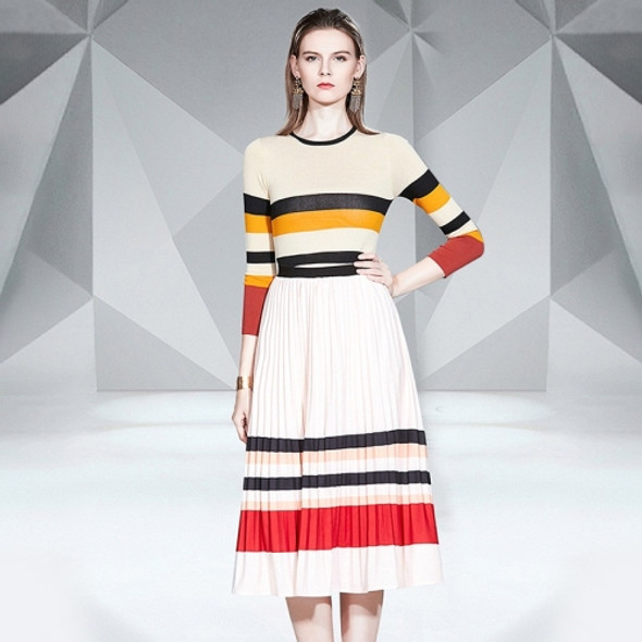Long-sleeved Striped Sweater + Pleated Skirt Two-piece Suit (Color:As Show Size:S)