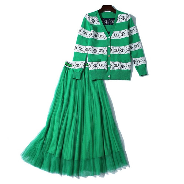 Striped Knit Cardigan Long Sleeve Sweater + Pleated Skirt Suit (Color:Green Size:XXL)