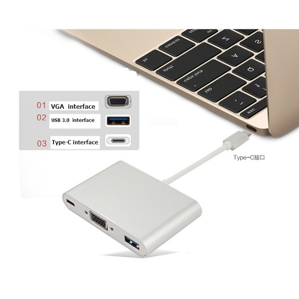 USB Type C to VGA 3-in-1 Hub Adapter supports USB Type C tablets and laptops for Macbook Pro / Google ChromeBook(Silver)