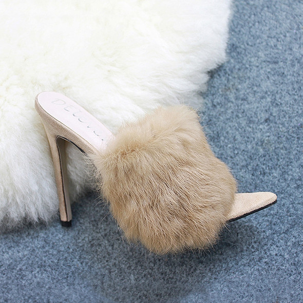 Rabbit Fur High Heel Sandals Party Women Shoes, Size:36(Brown)