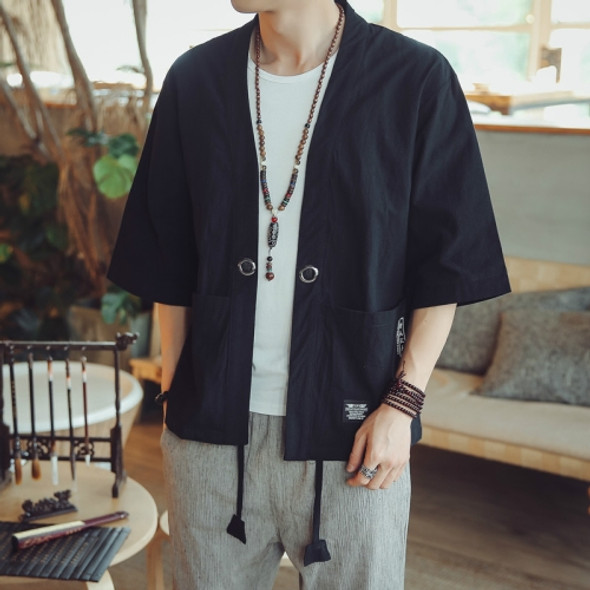 Men Cardigan Tops Three-quarter Sleeve Chinese Style Jacket, Size:XXXL(Black)