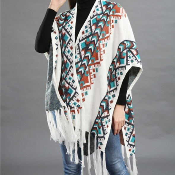 Pattern Shawl Fringed Cape Shawl Cotton Warm Sweater(Color:White Size:One Size)