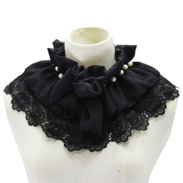 Women Beaded Chiffon Decorative Collar Flowers Folding Polo-neck Shawl Fake Collar(Black)