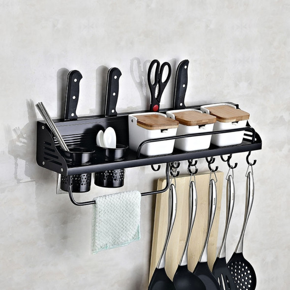 A Version 60cm 2 Cup 10 Hooks Kitchen Multi-function Wall-mounted Condiment Holder Storage Rack (Black)