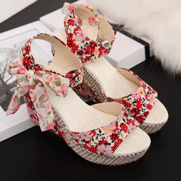 Thick Bottom Wedge Fish Mouth Flower Sandals, Size:35(Red)