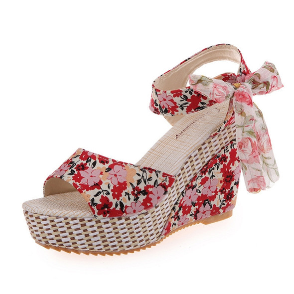 Thick Bottom Wedge Fish Mouth Flower Sandals, Size:40(Red)