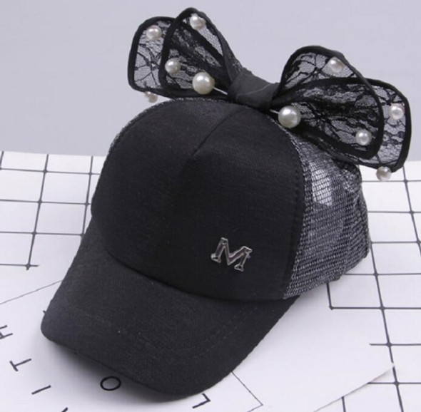 Spring Girls Pearl Lace Bow Decoration Hat Sun Hat, Size:Children 51-54cm(Mesh Cap Black)