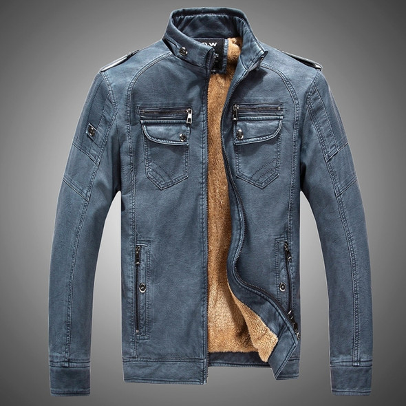 Men Plus Velvet Loose Leather Jacket Coat (Color:Blue Size:XXL)