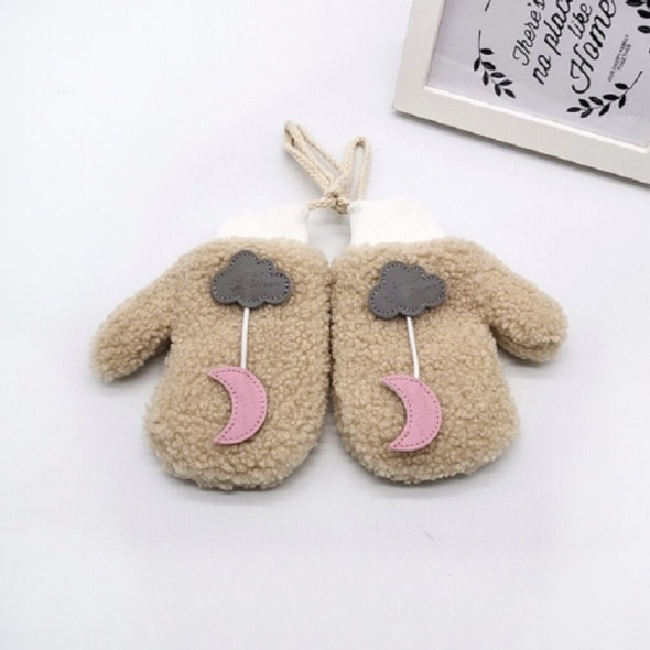 Winter Cartoon Cloud Moon Thickened Warm Children Gloves Mittens Halter Gloves, Suitable Age:About 4-7 Years Old(Khaki)