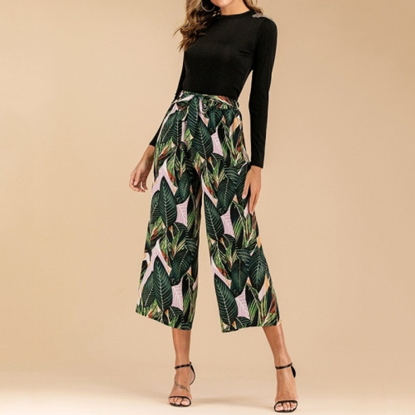 Elastic Waist Wide Leg Pants With Tropical Prints (Color:Dark Green Size:S)