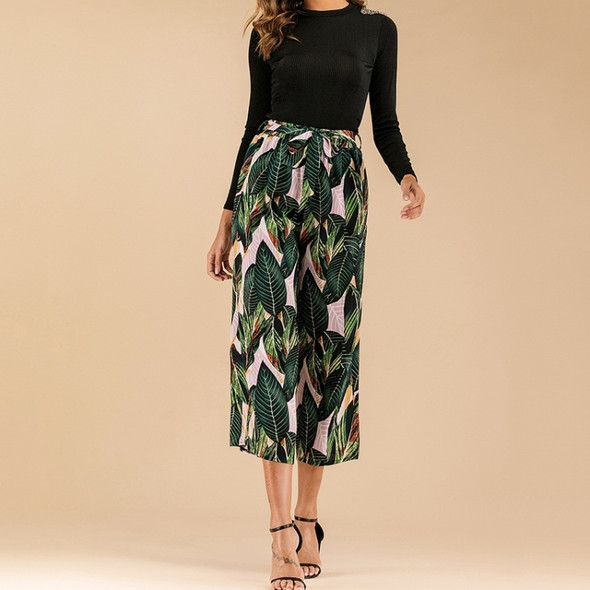 Elastic Waist Wide Leg Pants With Tropical Prints (Color:Dark Green Size:S)