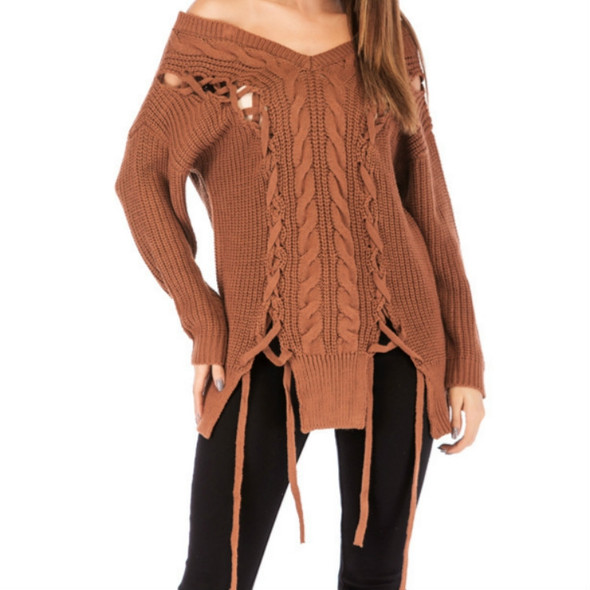 Women Sexy Strapless Irregular Sweater, Size: M(Camel )