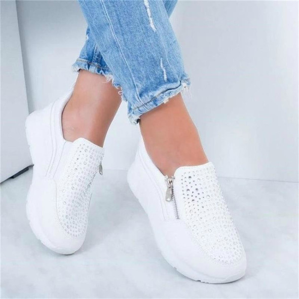 Rhinestone Thick Bottom Side Zipper Increased Ladies Casual Shoes, Size:43(White)