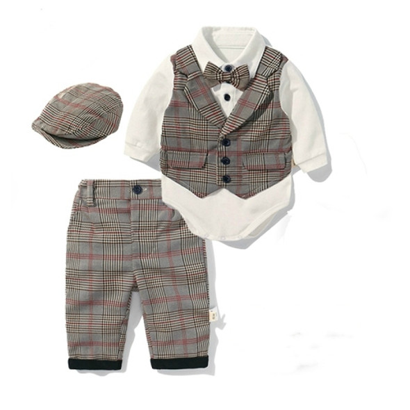 Boys British Style Long-sleeved Jumpsuit Romper + Plaid Beret + Plaid Pants Set, Size:90cm(Khaki)