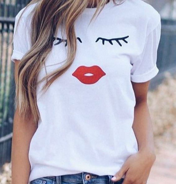 Women Printed Eyelashes Red Lips Joker Casual Short Sleeve T-Shirt, Size:M(White)