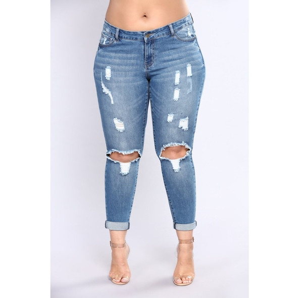 Plus Sized Stretch Holes Jeans (Color:Blue Size:XXXXXXXL)
