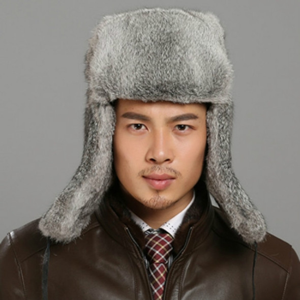 Gray Autumn and Winter Thick Warm Rabbit Fur Bomber Hat Flight Hat for Men, Hat Size:XXL
