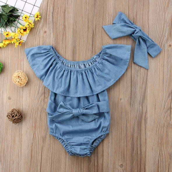 Female Babies Denim Lotus Leaf Collar Of Shoulder Jumpsuits Triangle Romper + Bow-knot Tie Set, Kid Size:100CM(Light Blue)