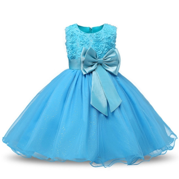 Blue Girls Sleeveless Rose Flower Pattern Bow-knot Lace Dress Show Dress, Kid Size: 120cm