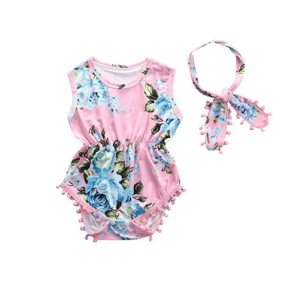 Summer Female Baby Floral Tassel Sleeveless Jumpsuit Romper + HairBand Set, Size:90cm(Pink)