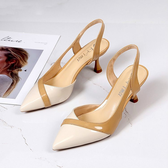 PU leather Pointed Toe Mid Heel sandals, Shoe Size:36(Apricot)