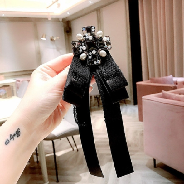 Women Vintage Bow-knot Lace Rhinestone Bow Tie Brooch Collar Accessories(Black)