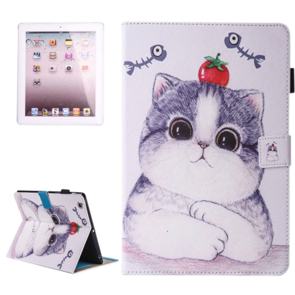 For iPad 4 / 3 / 2 Painting Tomato and Cat Pattern Horizontal Flip Leather Case with Holder & Wallet & Card Slots & Pen Slot