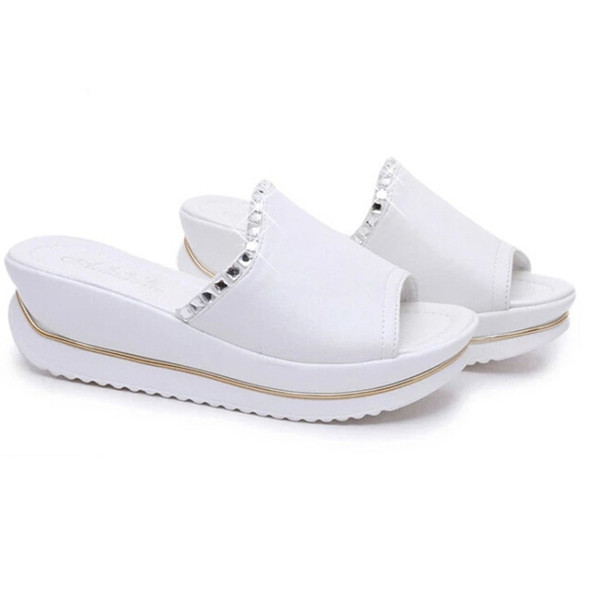 Women PU Leather Sandals Slides Wedges Platform Shoes, Size:37(White)