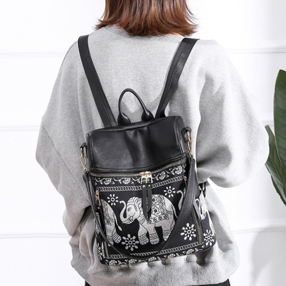 Fashion Elephant Pattern Oxford PU Backpack Ladies Handbag Multi-function Messenger Bag (Black)
