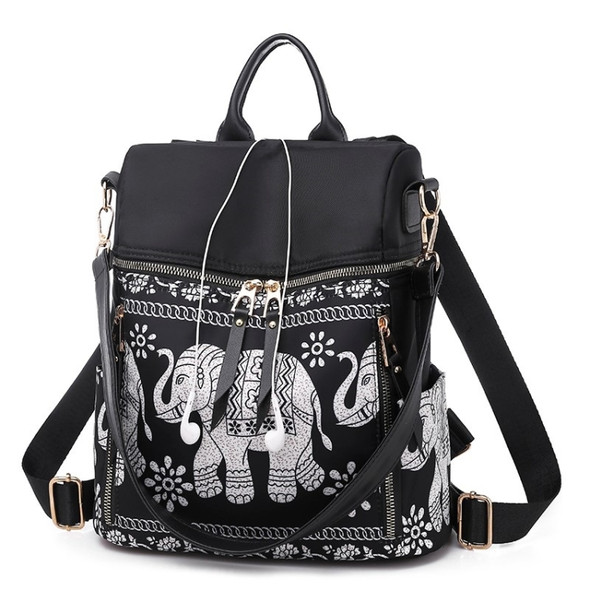 Fashion Elephant Pattern Oxford PU Backpack Ladies Handbag Multi-function Messenger Bag (Black)