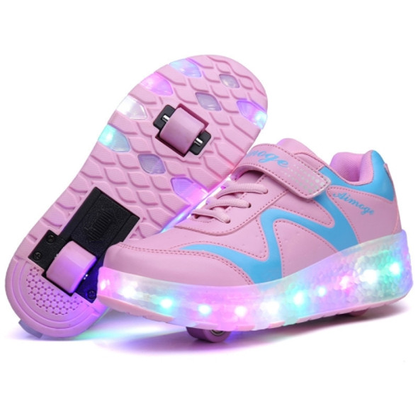 786 LED Light Ultra Light Rechargeable Double Wheel Roller Skating Shoes Sport Shoes, Size : 30(Pink)