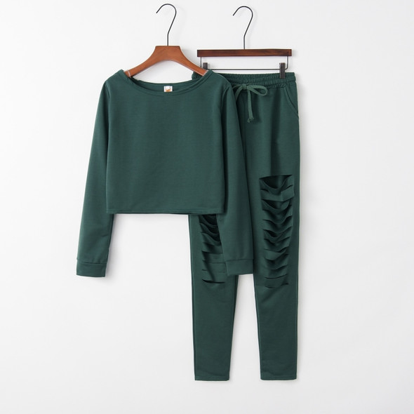 Long Sleeved Hole Burning Flower Sweater Suit (Color:Army Green Size:L)