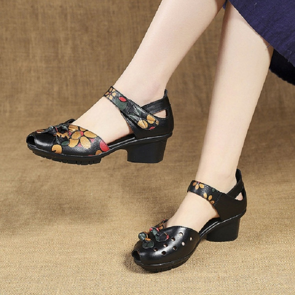 Women Shoes Leather Square Dance Thick Heel Shoes, Size:36(Black)