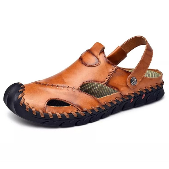 Hand-stitched Outdoor Casual Leather Beach Shoes Sandals for Men (Color:Yellow Brown Size:42)
